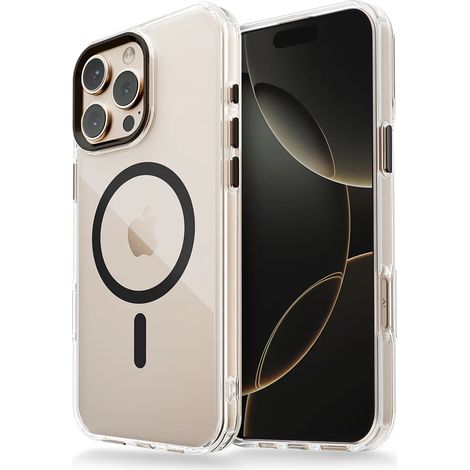 (iPhone 11 Pro, Noir) Étui magnétique transparent pour iPhone, compatible avec la recharge sans fil MagSafe, résistant aux chocs.