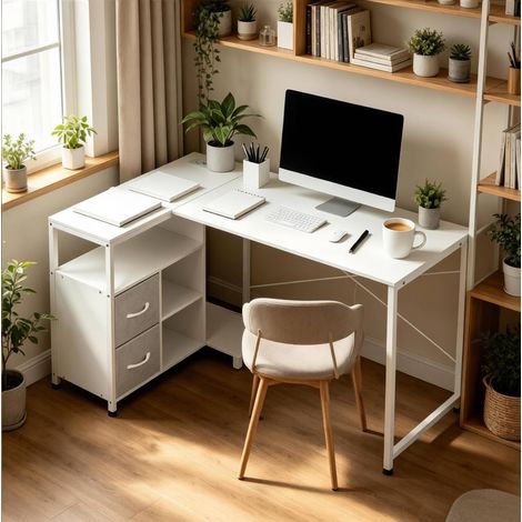Escritorio esquinero reversible 120 x 80 cm con enchufes integrados y cajones de tela OKWISH (1/5)