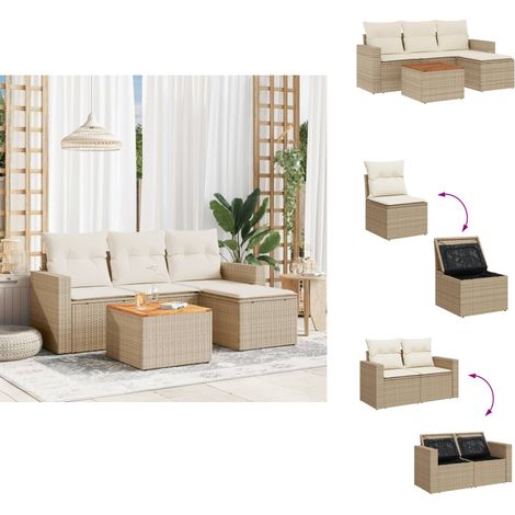 5-tlg. Garten-Sofagarnitur mit Kissen Beige Poly Rattan - Gartenmöbel Set - Outdoor Möbel - Rattan Gartenset - Lounge Set - Esstisch Set (1/5)