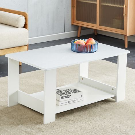 Mesa de centro de MDF blanco efecto madera 90 x 50 x 42 cm con 2 estantes