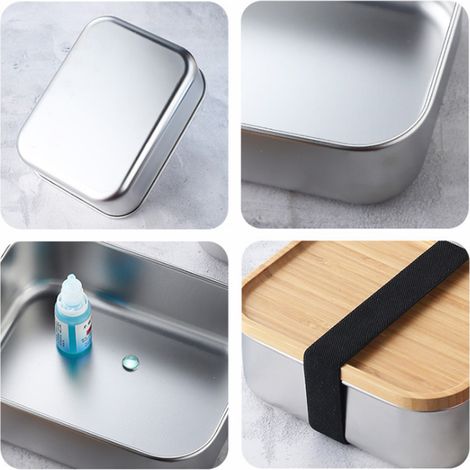 Bento-Lunchbox aus Edelstahl mit Holzdeckel und 3 Besteckteilen, ideal für Erwachsene und Kinder