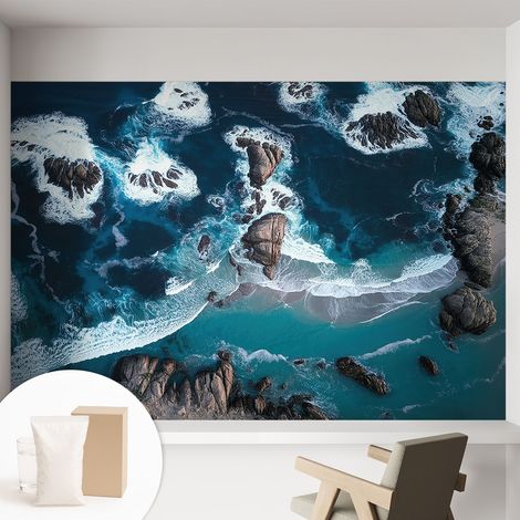 Papier peint intissé mural avec imprimé motifs uniques apparence moderne - Colle incluse gratuite Vagues océaniques 152x104 cm (1/5)