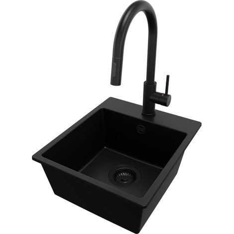 PRIMAGRAN Evier Cuisine en Granit 38x44cm, Lavabo 1 bac + Robinet 40x20cm + Kit de Vidage, Évier à Encastrer au meuble 40cm - Riga Easy, Tout Noir