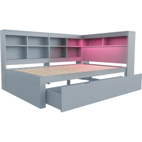 Multifunktions-Doppelbett 140 x 200 cm grau mit Schubladen, Regalen, USB-Anschluss und LED (1/5)