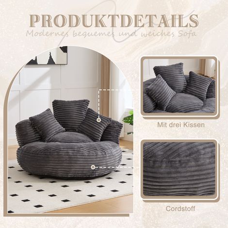 Pouf velours côtelé,sac haricots inclinable,dossier haut,3 coussins,résistant pour adultes et enfants,chaise de jeu-Go (1/5)
