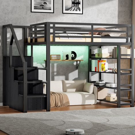DESVIAE Lit mezzanine en métal 140 x 200 cm avec étagères intégrées armoire dressing échelle de rangement éclairage LED noir (1/5)