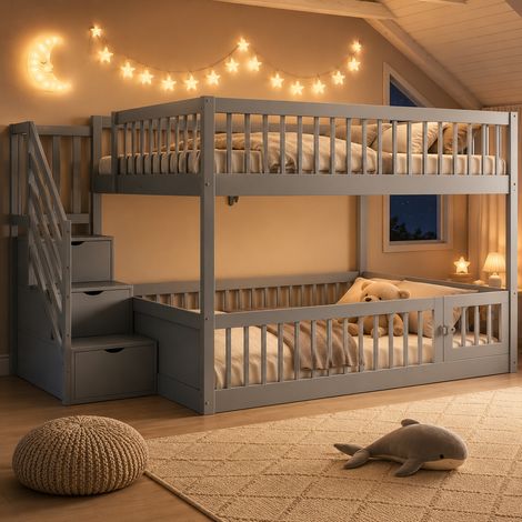 Lit superposé enfant en bois 140x200cm avec escalier rangement avec tiroirs-porte ouvrante-garde-corps-sans matelas- MDF-Gris (1/5)