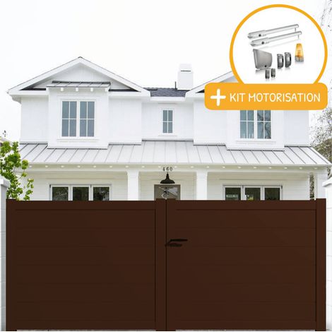 Portail aluminium battant plein en kit + Motorisation dimensions L.3000 (entre piliers) X H.1900 mm SGS Essential (vérins) Couleurs Marron (RAL 1247) (1/2)