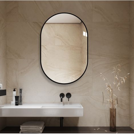 Miroir mural arche 60 x 90 cm avec cadre en aluminium noir, verre argenté HD sans cuivre OKMYHOME (1/5)
