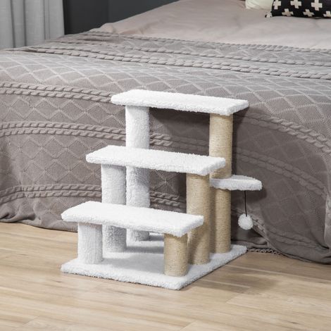Scaletta per gatti PawHut, 3 gradini, scaletta per animali domestici per gatti con tiragraffi e pallina, scaletta per animali domestici per cani, realizzata in peluche e iuta, 45 x 40 x 48 cm, bianca