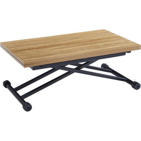 Mesa de centro con altura regulable Támesis simil madera color roble. 39-75 cm (alto) 100 cm (fondo) 57-114 cm (ancho)