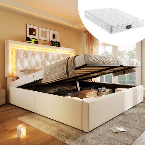 Letto contenitore 140x200 cm con LED, USB Type-C, materasso incluso, beige HAVRYA (1/5)