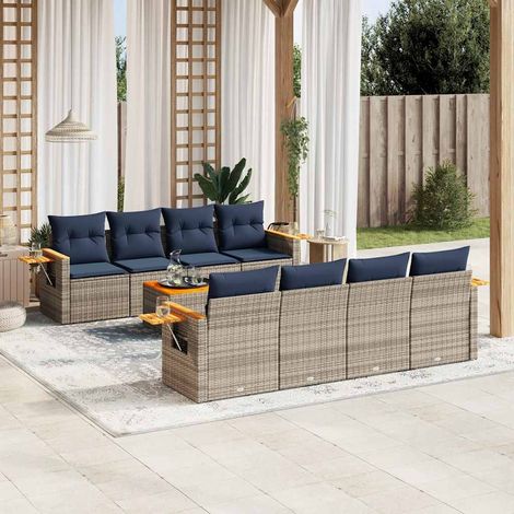 Salon de jardin 9 pièces en résine tressée gris avec coussins bleu marine, 73.2kg - PANGIVO (1/5)