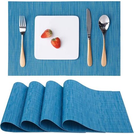 Waschbare Platzsets, 4er-Set, gewebt, rutschfest, reißfest und hitzebeständig, aus Vinyl, geeignet für Küchen, Esstische und Hotels. Maße: 30 x 45 cm (blau).