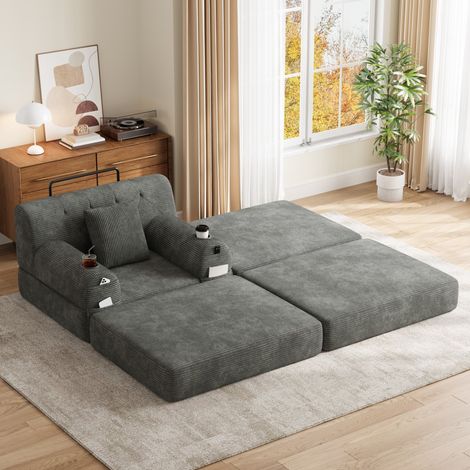 Fauteuil-lit 1 place en velours côtelé avec pouf, dossier haut, gris foncé (1/5)