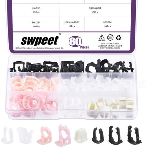 Assortment of 80 fuel hose clips, 3/8", 5/16", 8 styles, perfect replacement compatible with 9.5mm Ford fuel lines (1/5)