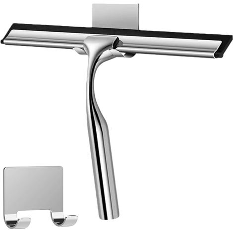 Raclette de douche en acier inoxydable avec un crochet adhésif, Nettoyeur de porte de verre de salle de bain de 10 pouces, Outil polyvalent pour nettoyer fenêtres, miroirs, carrelages et voitures – Ar (1/4)