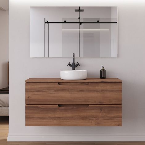 Meuble de salle de bain 120cm avec plateau et vasque à poser ronde - 2 tiroirs - noyer (bois foncé) - SONRIZA (1/5)