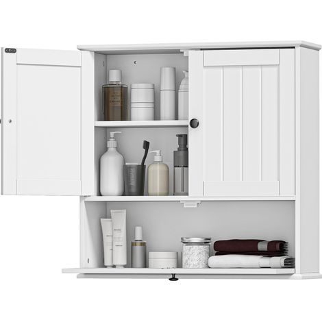 HOMCOM armario de baño de pared, mueble de baño colgar rústico con estante ajustable, doble puerta, puerta abatible y cierre magnético, blanco (1/5)
