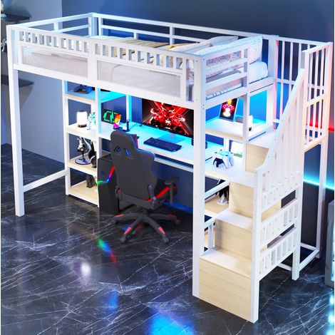 Hochbett modern aus Metall Weiß 90x200 cm mit Schreibtisch, Regalen, Stauraumleiter, LED und USB