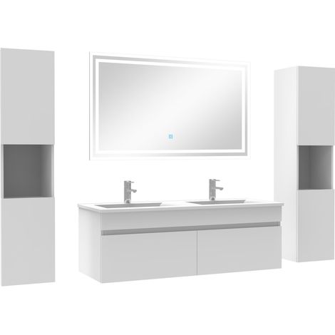 Ensemble meubles Salle de Bain double vasque 120cm, colonnex2 et miroir Blanc (1/5)