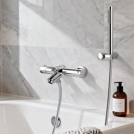 Robinet de Baignoire avec Douchette, Robinet en Cuivre, Mitigeur Thermostatique 38 °C, Protection Anti-Brûlure, avec Tuyau de Douche de 150 cm, pour Baignoires d'Hôtel ou Domestiques, Chromé (1/5)