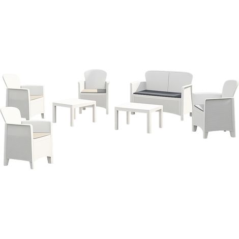 Set Salotto da Esterno Curno, Salottino Outdoor 6 Posti, 2 Tavolini Made in Italy, Beige, Bianco (1/3)