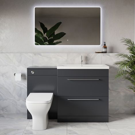 Napoli 390 Gloss Grey 1300mm 2 Drawer Vanity Unit Toilet Suite with Glide Basin - 1300mm - Chrome 480mm HandleWith Kingston Toilet Pan and Seat