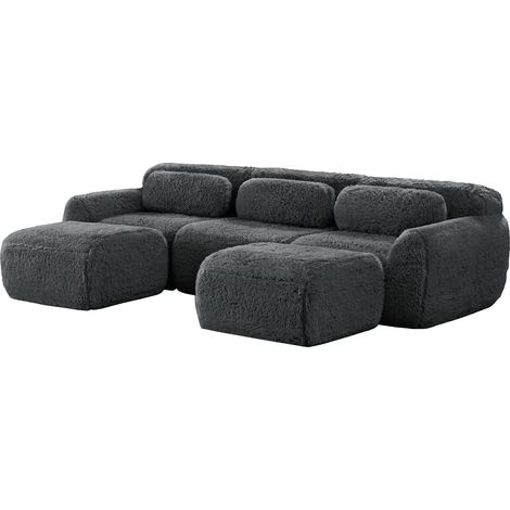 ELVMI Divano Modulare a U con Pouf, Supporto Ergonomico e Base Antiscivolo, in Peluche, Grigio (1/5)