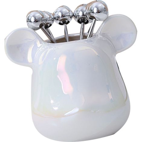 Pot de rangement pour fourchettes à fruits en céramique en forme d'ours, avec 6 fourchettes à fruits en acier inoxydable et une base en forme de tête d'ours blanc perle.