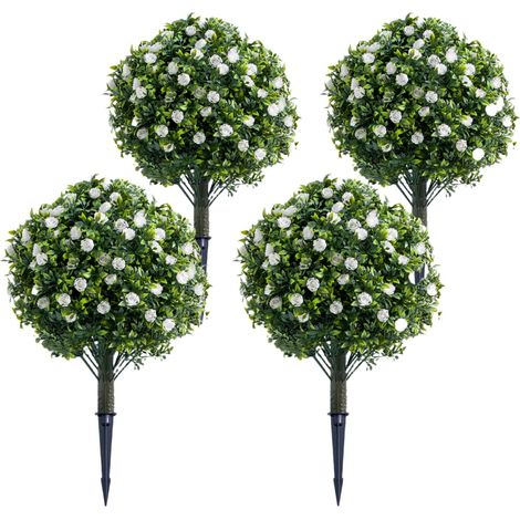 Arbre topiaire artificiel blanc – Boule de fleurs roses réaliste en PE, piquet au sol – Plante décorative pour maison, jardin, terrasse – Lot de 4 (1/5)