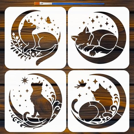 4pcs Pochoir Chat Lune avec Pinceau 20x20cm Pochoir Silhouette Chat Modèle Chats Cartoon PET Thème Animal Gabarit pour Bois Carrelage Mur Tissu Meuble DIY (1/5)