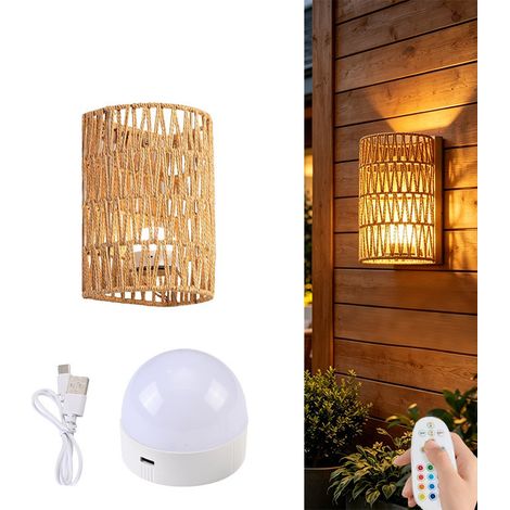 Lampe murale bohème 1 pièce en rotin tressé kaki – Applique sans fil à piles – Télécommande incluse – Lumière RGB et luminosité réglables – Pour chambre, salon et couloir (1/5)