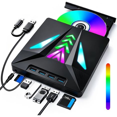 Lecteur CD DVD Externe pour PC, Graveur DVD Externes avec RGB à Respiration Portable -/+RW Drive avec 4 Ports USB et 2 Fente pour Carte TF/SD, Graveur CD pour Laptop, Windows 11/10/8/7 Linux