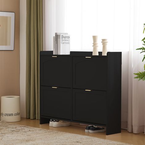 Meuble à Chaussures Noir 110×24×90cm – 4 Portes Rabattables, Étagères Réglables, Rangements Cachés, Style Vintage