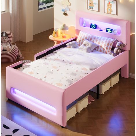 Lit plateforme tapissé 90/200 cm rose en polyuréthane et MDF avec LED et tiroir (1/5)