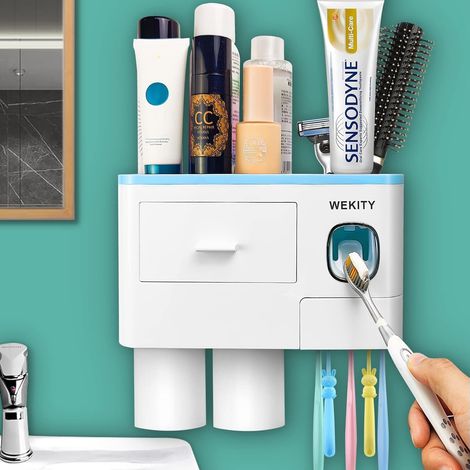 Porte-brosse à dents mural multifonctionnel, distributeur automatique de dentifrice, porte-brosse à dents et dentifrice gain de place, avec 2 gobelets et tiroirs organisateur de cosmétiques (Bleu) (1/5)