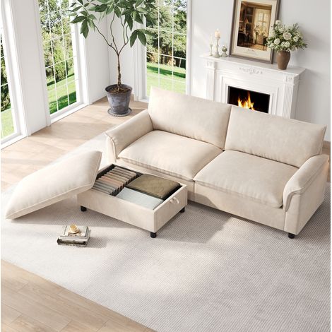Canapé modulaire avec pouf mobile de rangement, chenille beige, 216 x 77 x 82 cm HAVRYA (1/5)