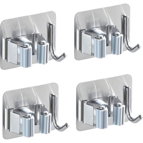 Lot de 4 supports muraux pour balai - En acier inoxydable - Avec 1 crochet et 1 serrage rapide pour serpillère, balai et outil de jardinage