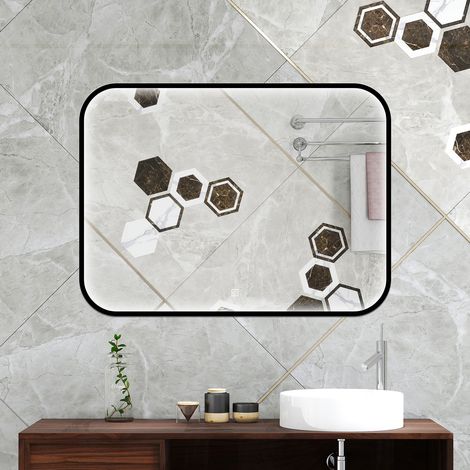 AVER-GROWTH 80x60cm Black Frame LED Bathroom Mirror Illuminated Wall Mirror with Dimmable 3 Color Lights Touch Switch Wall Switch