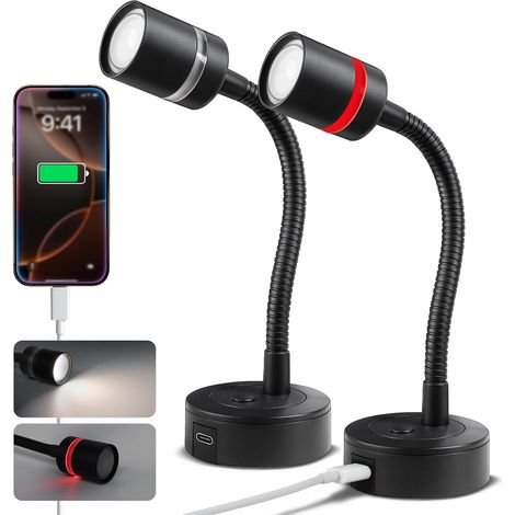 2PCS - Lampe LED 12V - Veilleuse Rouge - Dimmable 4000K Chargeur USB-C 20W Bras Flexible 360° Pour Camping-car Bateau Caravane Métal Noir (1/5)