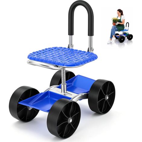 Tabouret Jardin, Chariot Jardin Roulant Siège à Roulettes Siège Mobile Banc D'agenouillement Desserte Pivotant à 360° Hauteur Réglable Tabouret Mobile Avec Poignée Et Plateau Rangement Jardinage (1/5)