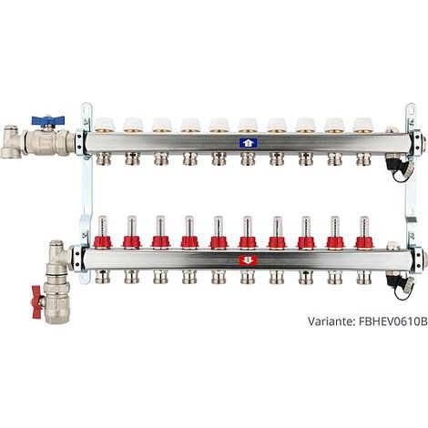 Fußbodenheizungsverteiler aus Edelstahl mit Topmeter für 10 Heizkreise - mit Anschlussset senkrecht (1/3)