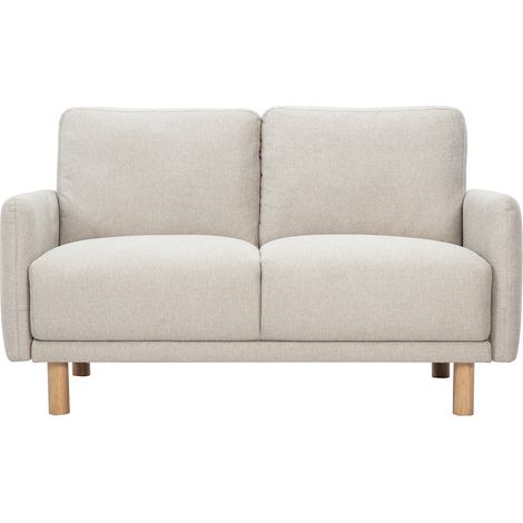 Divano design 2 posti in tessuto effetto velluto testurizzato beige e legno chiaro BONO