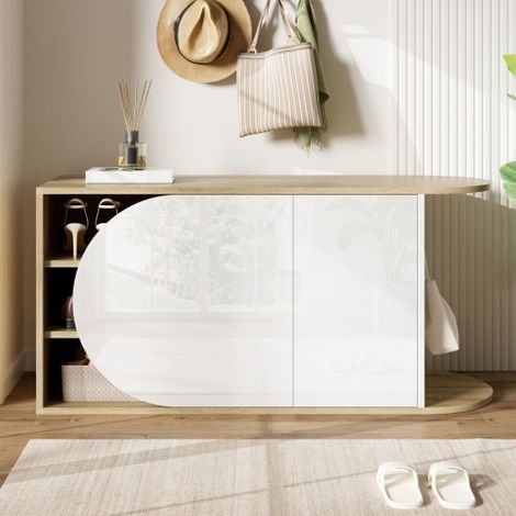 Scarpiera/panca di ispirazione francese, laccata lucida, con un'anta semicircolare e un'anta rettangolare, un gancio laterale, colore bianco effetto legno naturale, ideale per ingresso o corridoio. 10 (1/5)