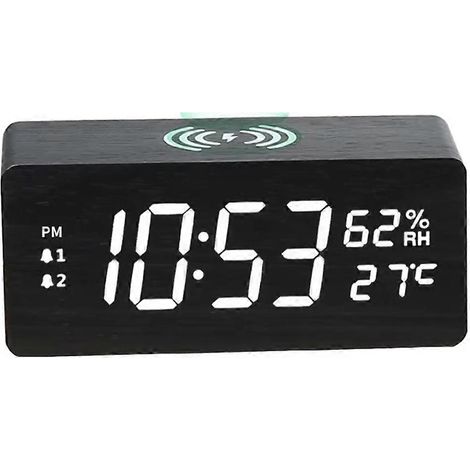 Horloge calendrier LED multifonctionnelle à chargement rapide 15 W, en bois, avec affichage de la température et de l'humidité, et fonction de charge sans fil. Idéale comme cadeau pour étudiant. Coule (1/5)
