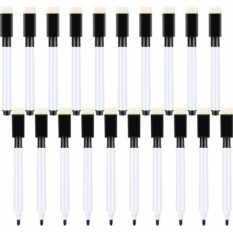 Lot de 20 petits feutres pour tableau blanc - Feutres noirs pour tableau blanc sec avec gomme - Pointe fine - Idéal pour les enfants (Noir) (1/5)