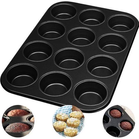 Nouveauté 2026-2027 : Moule à muffins antiadhésif 12 cavités en acier au carbone, revêtement en téflon, moule à gâteau rond. (1/5)