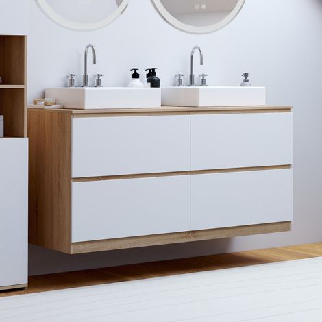 Mueble lavabo doble TOMI 120 cm 4 cajones acabado haya y blanco