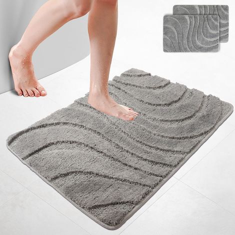 VOUNOT® 2er-Set Badematte Rutschfeste, Mikrofaser Badezimmerteppich Wellenmuster 60x90cm Grau
